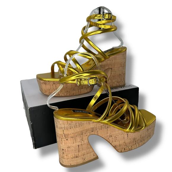 NEW Nine West Strappy Gold Platform Heels Size 10 Square Toe Retro Ankle Wrap - Picture 3 of 12